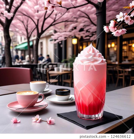 咖啡館裡的櫻花和美味飲品 124636612