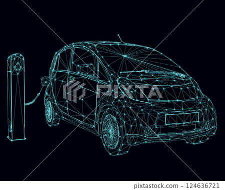 Charging electric car wireframe made of blue lines with glowing lights isolated on a dark background. 3D. Vector illustration. Charging electric car wireframe made of blue lines with glowing lights isolated on a dark background. 3D. Vector illustration. 124636721