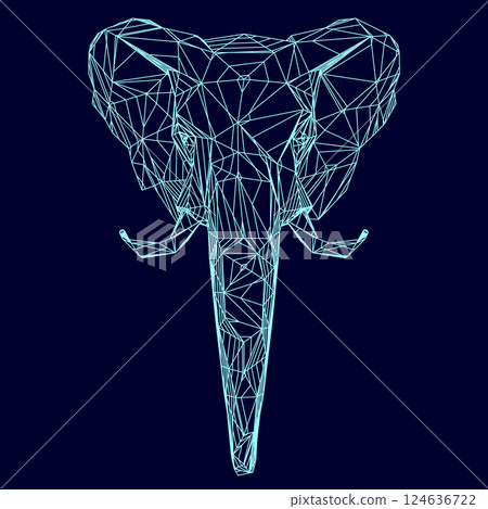 Elephant head wireframe from blue lines isolated on dark background. Vector illustration 124636722