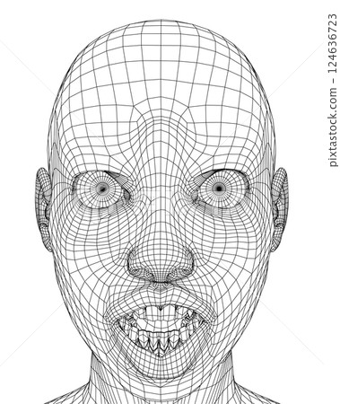 Girl head wireframe with surprised facial expression from black lines isolated on white background. 3D. Vector illustration. Girl head wireframe with surprised facial expression from black lines isolated on white background. 3D. Vector illustration. 124636723