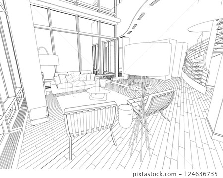 Outline of the interior with large windows with a sofa, armchairs, a table and other black lines isolated on a white background. Vector illustration. 124636735