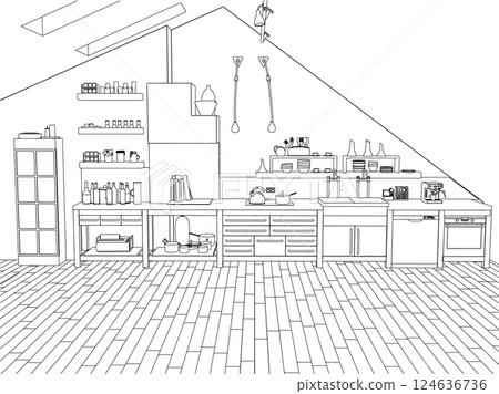 Outline of a large kitchen with black line fittings isolated on a white background. 3D. Vector illustration. 124636736