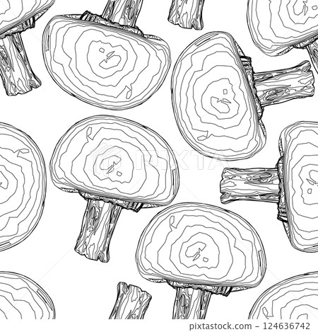 Seamless texture with contours of mushrooms from black lines isolated on a white background. Texture with decorative contours of champignons. Vector illustration. 124636742