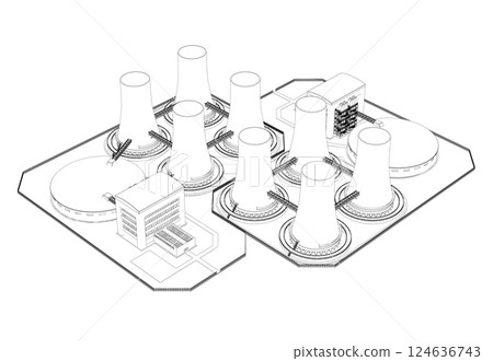 Outline of a nuclear power plant from black lines isolated on a white background. Isometric view. 3D. Vector illustration. Outline of a nuclear power plant from black lines isolated on a white background. Isometric view. 3D. Vector illustration. 124636743