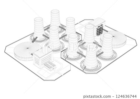 Nuclear power plant wireframe from black lines isolated on white background. Isometric view. 3D. Vector illustration. Nuclear power plant wireframe from black lines isolated on white background. Isometric view. 3D. Vector illustration. 124636744