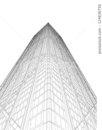 Outline of a multi-storey skyscraper from black lines isolated on a white background. Bottom view. 3D. Vector illustration. 124636756