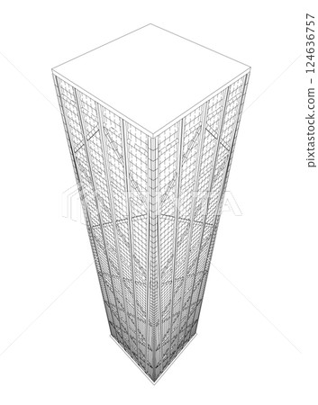Outline of a multi-storey skyscraper from black lines isolated on a white background. Isometric view. 3D. Vector illustration. Outline of a multi-storey skyscraper from black lines isolated on a white background. Isometric view. 3D. Vector illustration. 124636757
