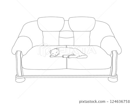 Outline of a sleeping cat on a sofa from black lines isolated on a white background. Front view. Vector illustration. 124636758