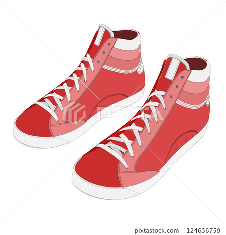 Red classic sneakers isolated on white background. Perspective view. 3D. Vector illustration. 124636759