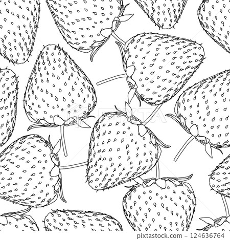 Seamless texture with contours of strawberries from black lines isolated on a white background. Vector illustration. Seamless texture with contours of strawberries from black lines isolated on a white background. Vector illustration. 124636764