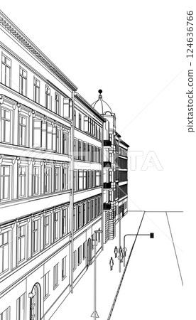 Outline of a street with houses and people from black lines isolated on a white background. Vector illustration. 124636766