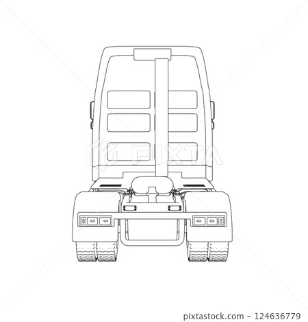 Outline of a truck without a trailer from black lines isolated on a white background. Back view. Vector illustration. 124636779