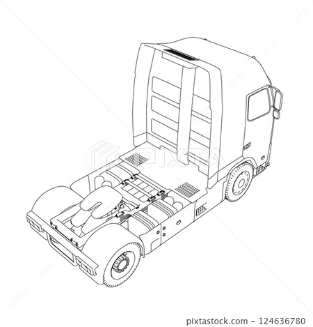 Outline of a truck without a trailer from black lines isolated on a white background. Isometric view. Vector illustration. Outline of a truck without a trailer from black lines isolated on a white background. Isometric view. Vector illustration. 124636780