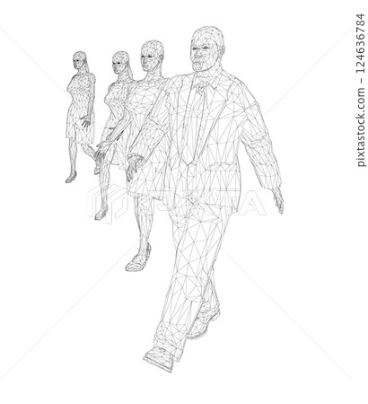 Wireframe of walking people in a row of black lines isolated on white background. A man and three women. Front view. 3D. Vector illustration. 124636784