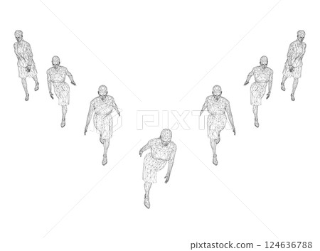 Wireframe of walking people in two rows of black lines isolated on white background. Seven women. Front view. 3D. Vector illustration. Wireframe of walking people in two rows of black lines isolated on white background. Seven women. Front view. 3D. Vector illustration. 124636788