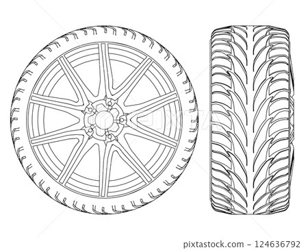 Outline of an automobile wheel from black lines isolated on a white background. Side view, front. Vector illustration. 124636792
