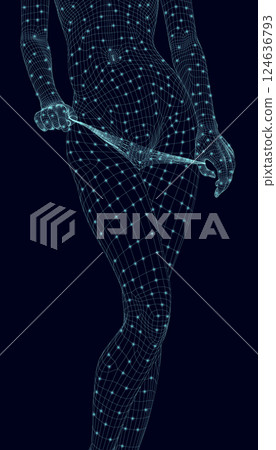Wireframe of a slender waist of a girl from blue lines isolated on a dark background with glowing lights. The girl's hands are pulling off her panties. 3D. Vector illustration Wireframe of a slender waist of a girl from blue lines isolated on a dark background with glowing lights. The girl's hands are pulling off her panties. 3D. Vector illustration 124636793
