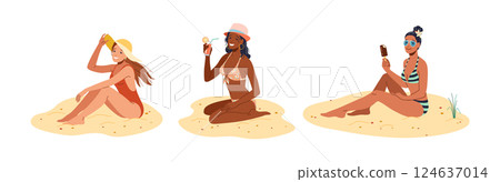 Three women relaxing on beach enjoying summer treats 124637014