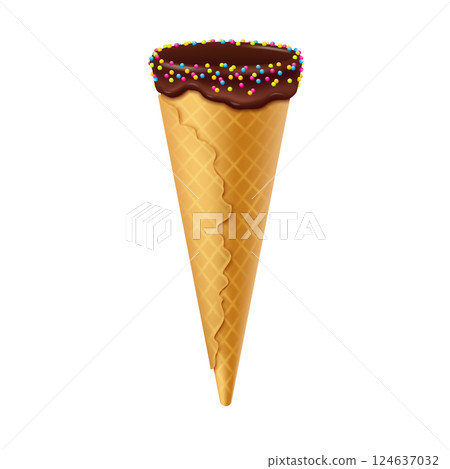 Waffle cone with chocolate and colorful sprinkles 124637032