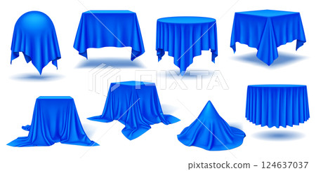 Luxurious blue silk draping over geometric shapes icons set Luxurious blue silk draping over geometric shapes icons set 124637037