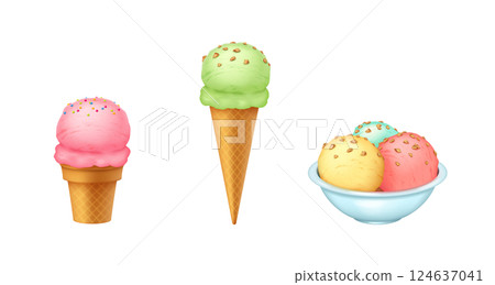 Colorful Ice Cream Cones and Bowls with Sprinkles Colorful Ice Cream Cones and Bowls with Sprinkles 124637041