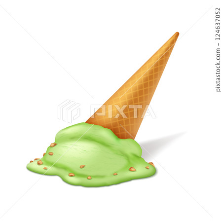 Melted green ice cream cone on white background Melted green ice cream cone on white background 124637052