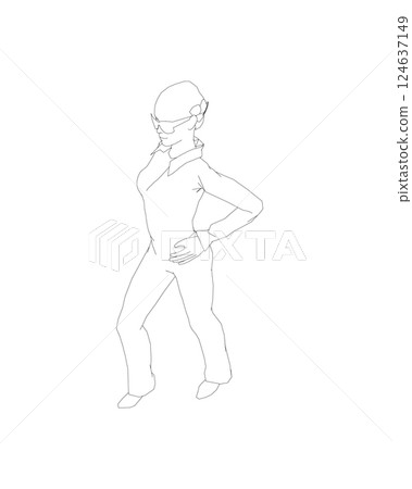 Portrait of woman in sunglasses. Vector minimalistic illustration for social media stories, logo, poster, print, cover, postcard, banner. Female figure outline. Contour of a girl in a business suit. 124637149