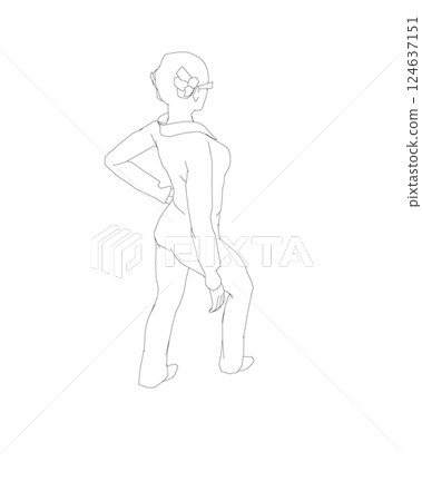 Portrait of woman in sunglasses. Vector minimalistic illustration for social media stories, logo, poster, print, cover, postcard, banner. Female figure outline. Contour of a girl in a business suit. 124637151