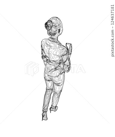 Drawing of fashionable young woman walking with folder with documents in hand. Vector of girl walk. Drawing Illustration of Young Woman. isolated, sketch, contour girl, woman walking 124637181