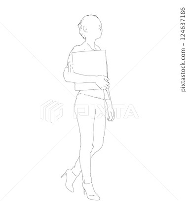 Drawing of fashionable young woman walking with folder with documents in hand. Vector of girl walk. Drawing Illustration of Young Woman. isolated, sketch, contour girl, woman walking 124637186