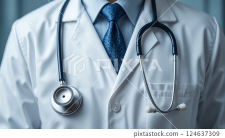 A doctor with a stethoscope around his neck, focusing on medical, healthcare, or professional themes. 124637309