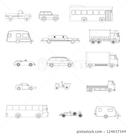 Set with contours of various cars from black lines isolated on white background. Side view. Vector illustration. Set with contours of various cars from black lines isolated on white background. Side view. Vector illustration. 124637344