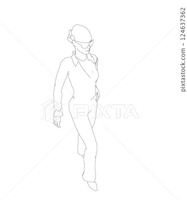 Portrait of woman in sunglasses. Vector minimalistic illustration for social media stories, logo, poster, print, cover, postcard, banner. Female figure outline. Contour of a girl in a business suit. 124637362