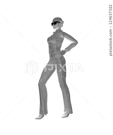 Stylish young women dressed in trendy clothes. Fashionable casual and formal outfits. 3D polygonal vector illustration. Girl boss. Fashion girl in sunglasses girl boss. woman face vector illustration. 124637382