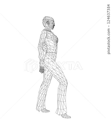 Businesswoman character wireframe. Attractive girl wearing formal suit standing. Vector illustration isolated on white background. 3D. Vector business woman black silhouette walk step forward. 124637384