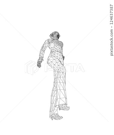 Businesswoman character wireframe. Attractive girl wearing formal suit standing. Vector illustration isolated on white background. 3D. Vector business woman black silhouette walk step forward. 124637387