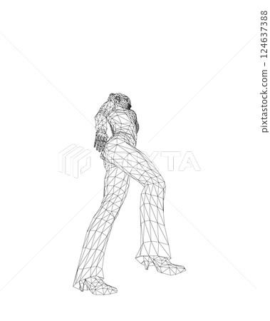 Businesswoman character wireframe. Attractive girl wearing formal suit standing. Vector illustration isolated on white background. 3D. Vector business woman black silhouette walk step forward. 124637388