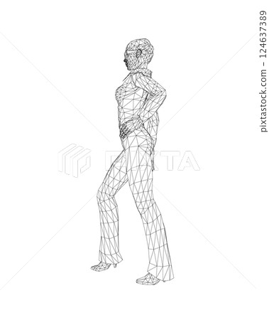 Businesswoman character wireframe. Attractive girl wearing formal suit standing. Vector illustration isolated on white background. 3D. Vector business woman black silhouette walk step forward. 124637389