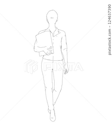 Drawing of fashionable young woman walking with folder with documents in hand. Vector of girl walk. Drawing Illustration of Young Woman. isolated, sketch, contour girl, woman walking 124637390