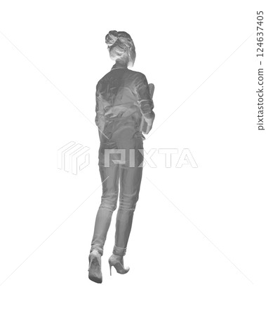 Polygonal drawing of fashionable young woman walking with folder with documents in hand. Vector of girl walk. Drawing Illustration of Young Woman. isolated, sketch, contour girl, woman walking. 3D. 124637405