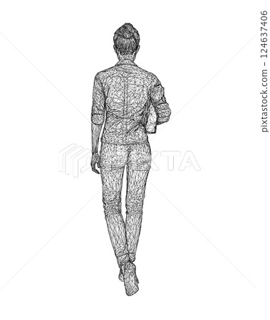 Wireframe of fashionable young woman walking with folder with documents in hand. Vector of girl walk. Drawing Illustration of Young Woman. isolated, sketch, contour girl, woman walking. 3D. 124637406