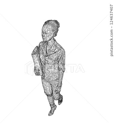 Wireframe of fashionable young woman walking with folder with documents in hand. Vector of girl walk. Drawing Illustration of Young Woman. isolated, sketch, contour girl, woman walking. 3D. 124637407