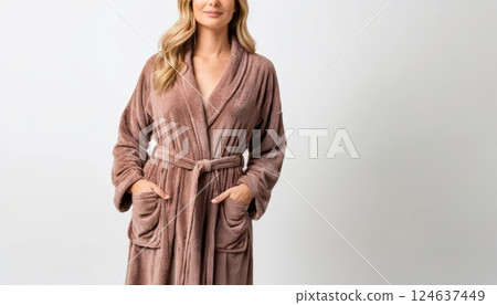A beautiful model in a soft brown bathrobe, radiating comfort and elegance. Ideal for promoting self-care, fashion, or luxury home wear 124637449