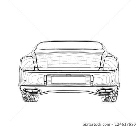 Sedan car in outline. Business sedan vehicle template vector isolated on white. Sport car outlined sketch, stylized vector symbol. High-end car. Vector draw with black lines. Technical drawing 124637650