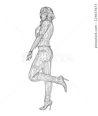 Wireframe of a girl standing on one leg, elegantly lifting her leg and raising her hand to her face. Curly hair. Vector illustration. Slim body, high heels, short hair, long legs. Young adult lady. 124637673