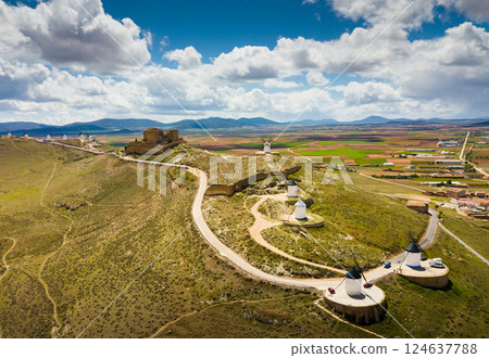 View of famous Route of Don Quixote in Consuegra with windmills 124637788