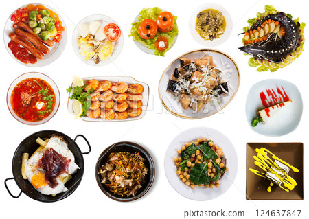 View of many plates with tasty food over white background View of many plates with tasty food over white background 124637847