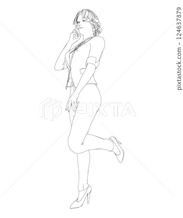 Contour of a girl standing on one leg, elegantly lifting her leg and raising her hand to her face. Curly hair. Vector illustration. Contour of young attractive slim women isolated on white background Contour of a girl standing on one leg, elegantly lifting her leg and raising her hand to her face. Curly hair. Vector illustration. Contour of young attractive slim women isolated on white background 124637879