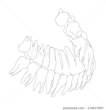 Teeth contour. Hand drawn different types of human tooth collection. Dentist graphic template. Engraving fangs and molars. Dental oral care. Toothache treatment. Vector stomatology set 124637897