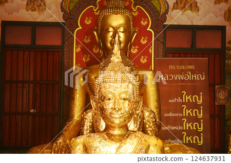 Face of Luang Pho To and Luang Pho Yai, two Buddha statues built in the Rattanakosin period. Enshrined in the Sanctuary at Wat Nagaprok temple. Face of Luang Pho To and Luang Pho Yai, two Buddha statues built in the Rattanakosin period. Enshrined in the Sanctuary at Wat Nagaprok temple. 124637931
